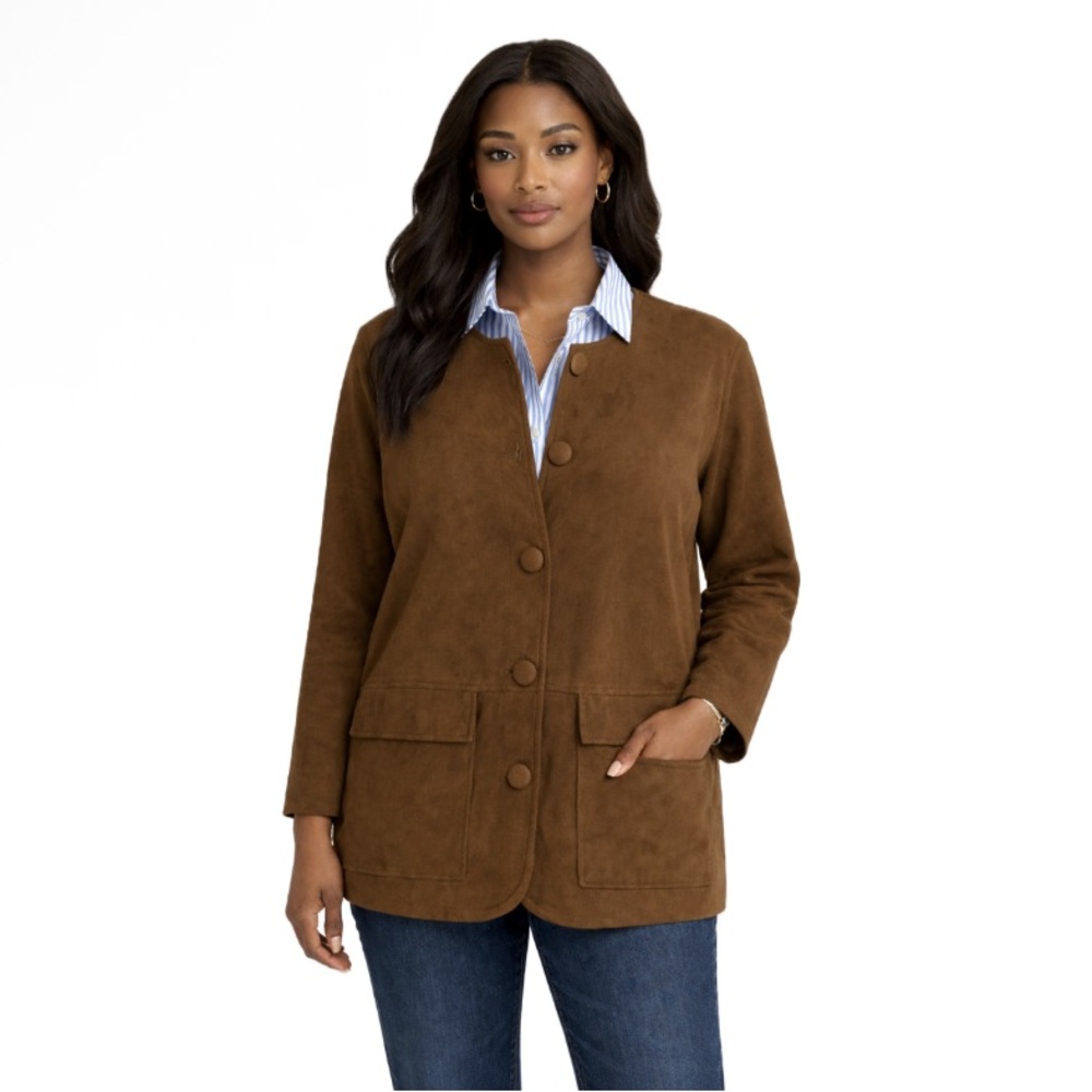 Elliott Lauren, Faux Suede Jacket Brown Button Front Lux Minimal, Size 14